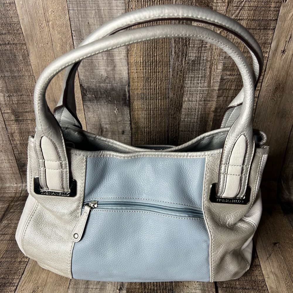 TIGNANELLO Silver Blue Colorblock Leather Satchel Shoulder Bag Belt Accents - Picture 8 of 16